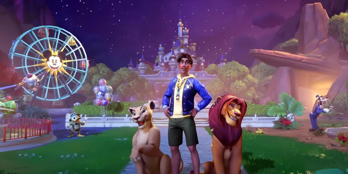 The player character stood with Simba and Nala in Disney Dreamlight Valley.
