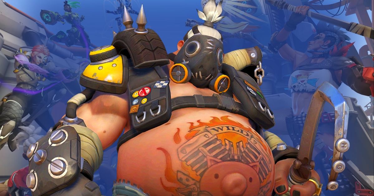 Roadhog with a blue aura against a backdrop of heroes fighting in Overwatch 2