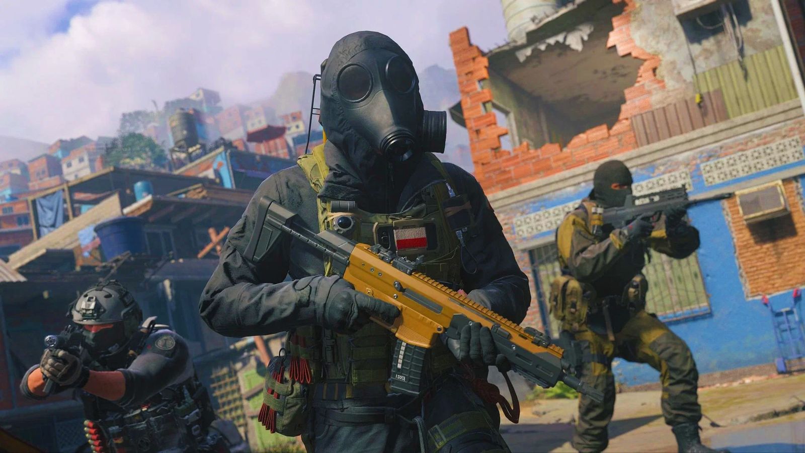 Modern Warfare 3 - three soldiers in tactical gear stood in a Brazilian favela