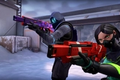 From left to right, Agents Omen and Viper holding Vandal guns on Site B of the Icebox map in Valorant.