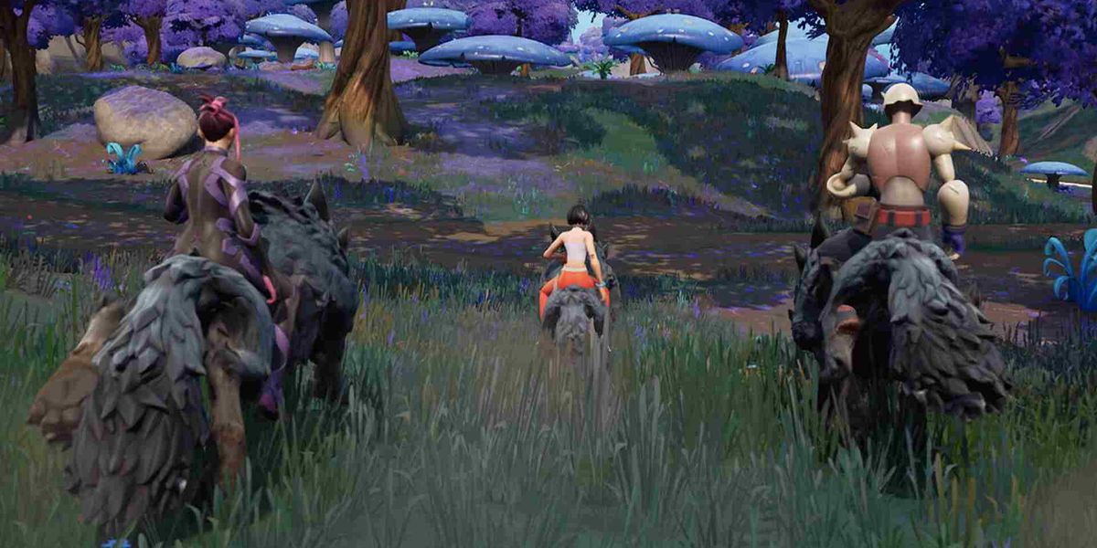 Two Fortnite characters riding animals through a forest