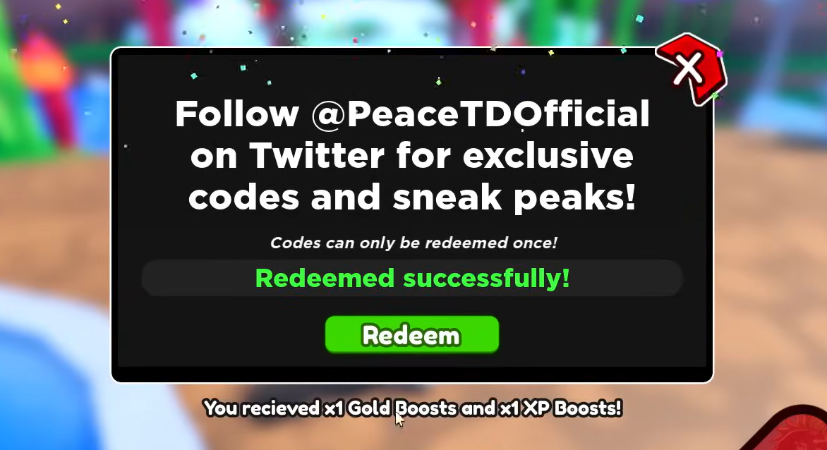 Successfully redeeming a code on Peace Tower Defense.