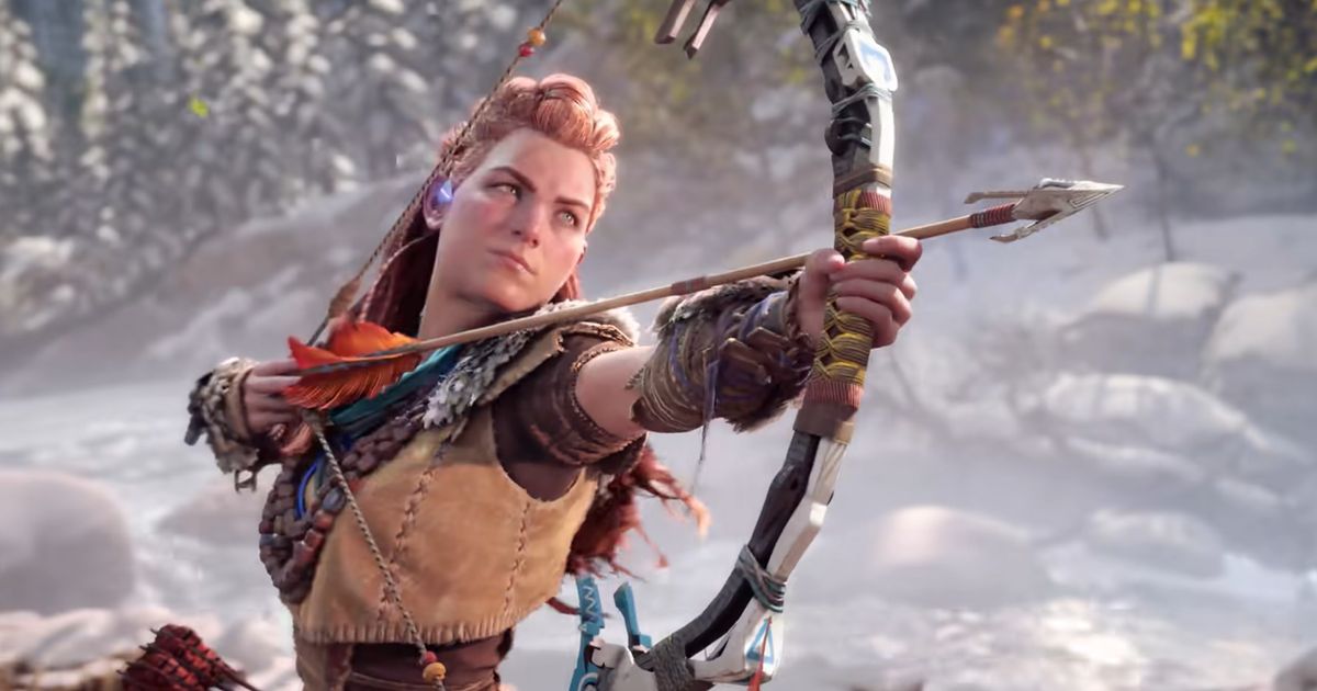 Horizon Forbidden West Aloy aiming her Nora Elite Bow angrily at enemy machines and rebels
