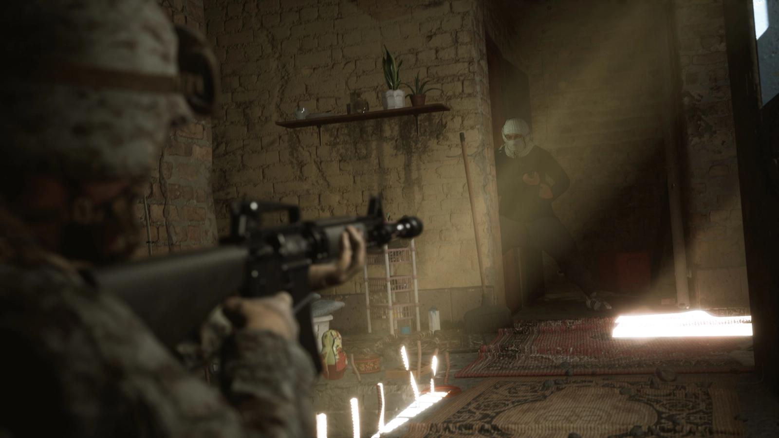 A screenshot from the video game Six Days in Fallujah. Inside a barely sunlit building, a U.S Marine can be seen pointing an M16 at an insurgent.