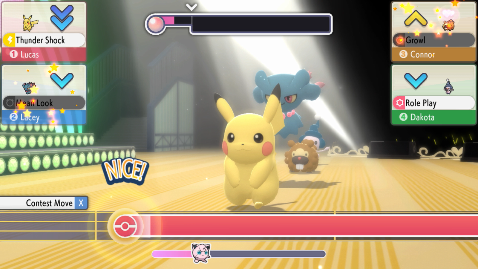 A Pikachu participating in the Dance section of a Super Contest Show in Pokémon Brilliant Diamond and Shining Pearl.
