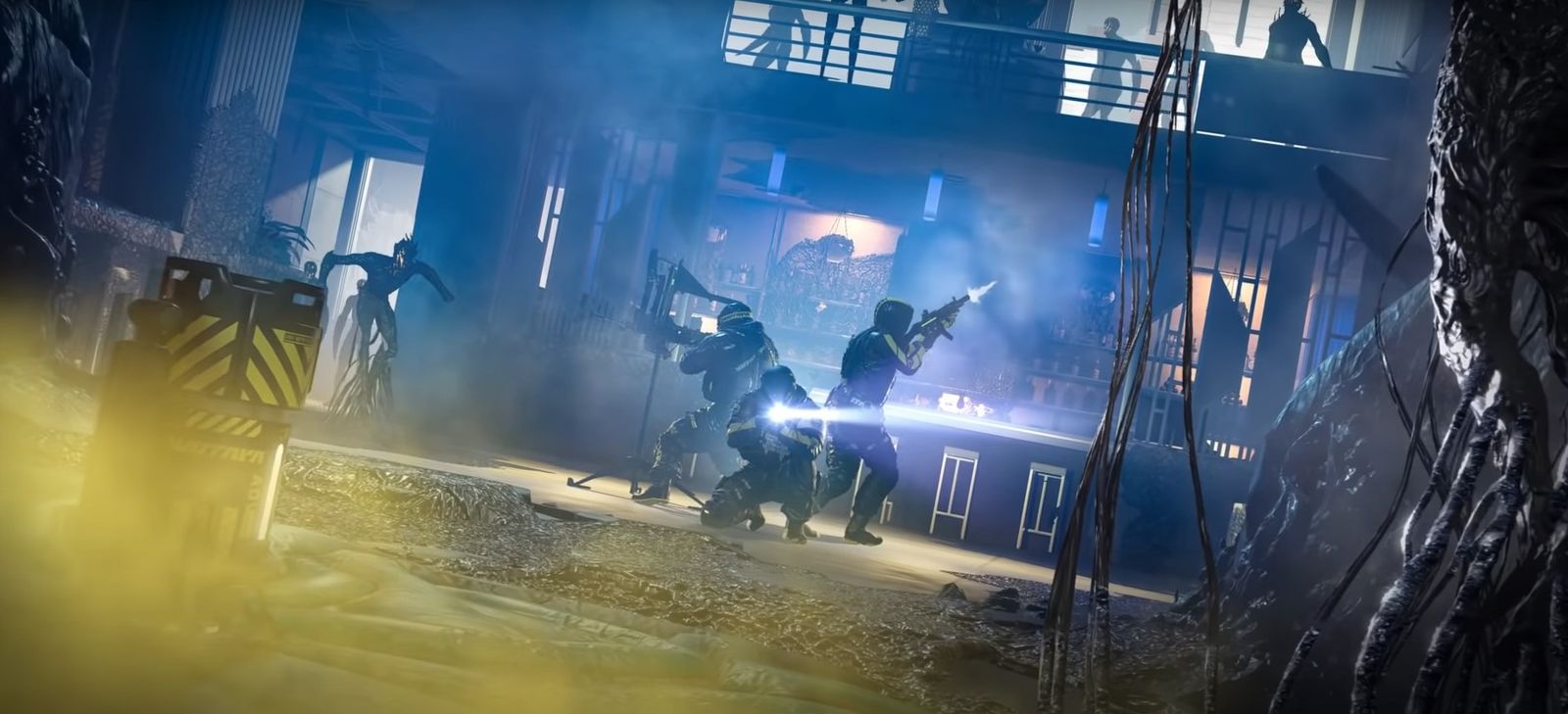 A squad of Operators fire at several Grunts and Tormentors in Rainbow Six Extraction.