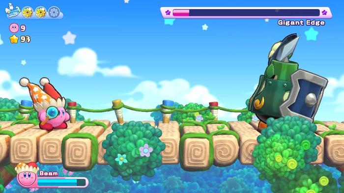 Kirby fighting the Gigant Edge boss in Kirby's Return to Dream Land Deluxe.