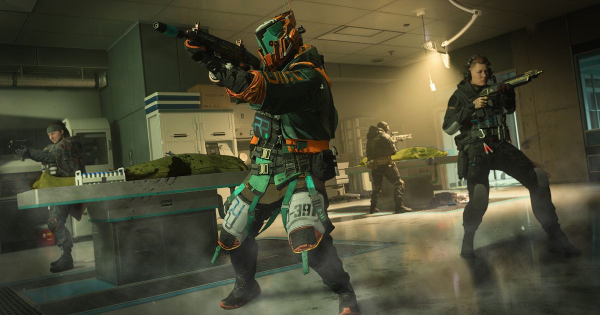 A character in Call of Duty wearing orange and green armour firing their weapon alongside allies.