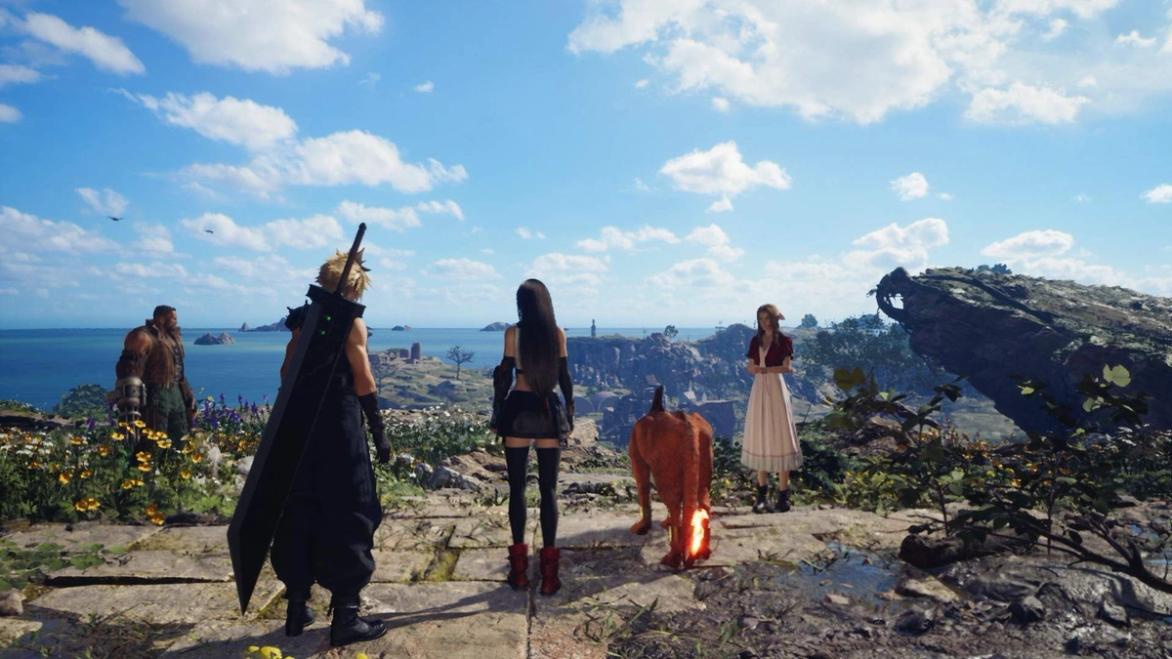 Cloud, Tifa, Aerith, and Red XII looking at the horizon