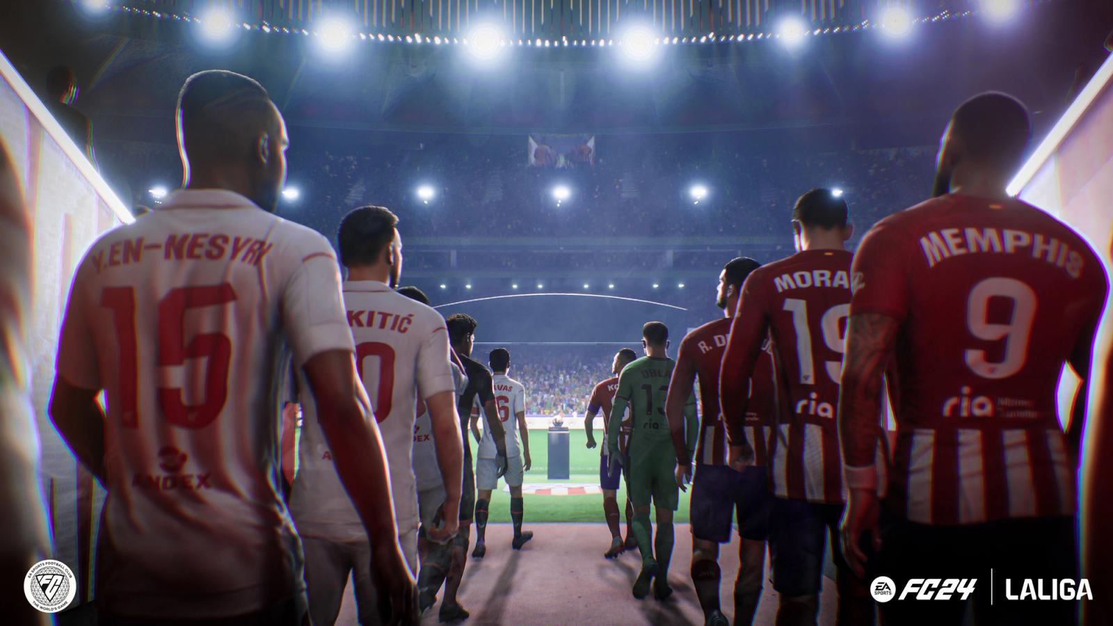 Sevilla and Atletico Madrid players walking out of the tunnel in EA Sports FC 24