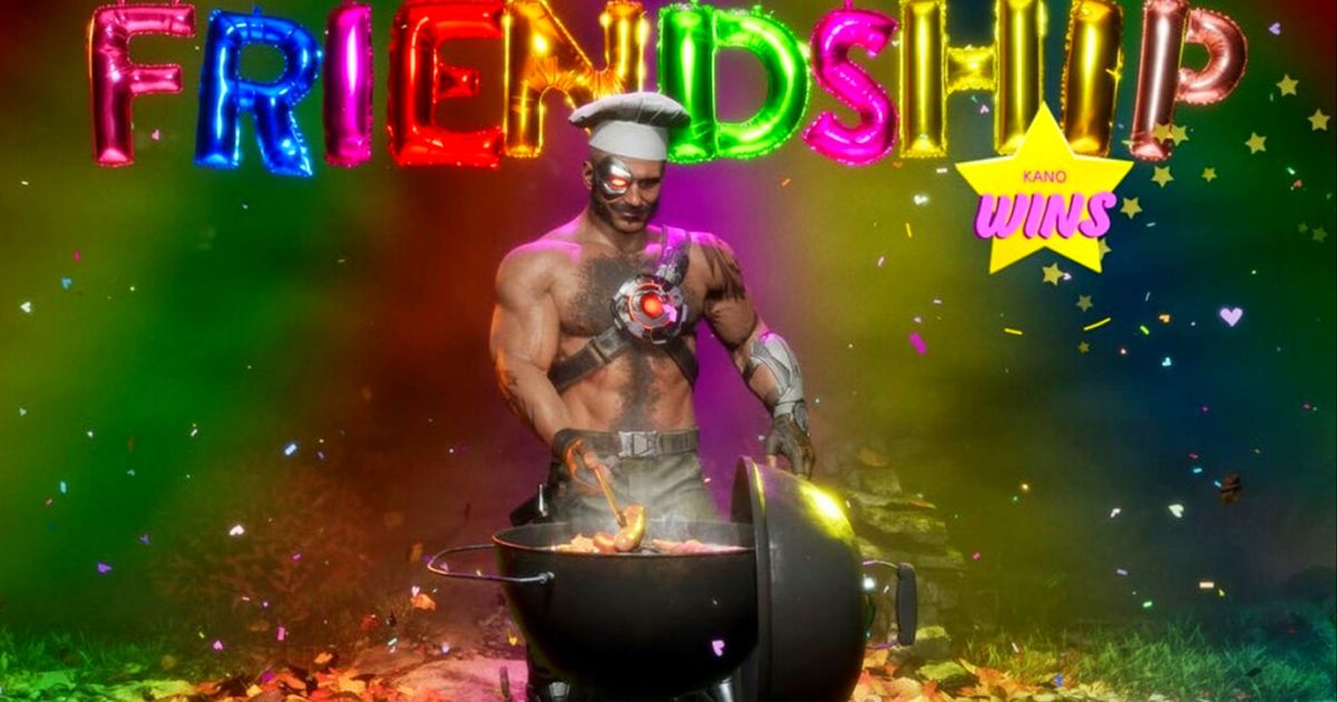 Mortal Kombat 11 Kano friendship finisher featuring him barbecuing shrimp