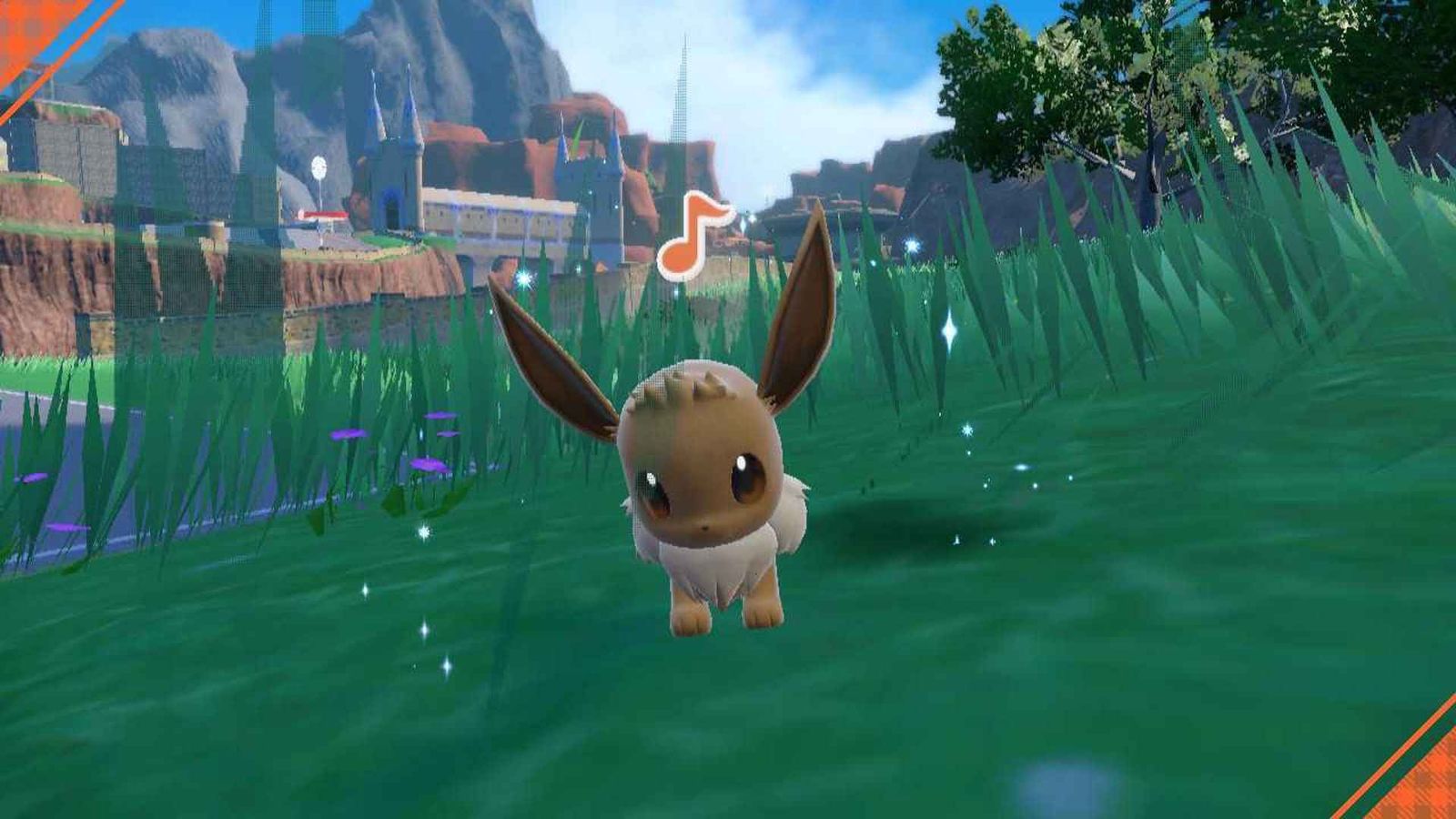 A dancing Eevee in the wild in Pokemon Scarlet and Violet.