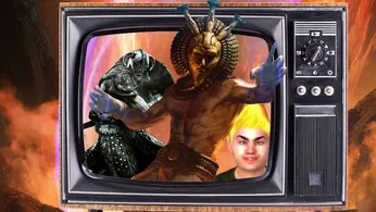 Dagoth Ur, The Dragonborn and The Adoring Fan from The Elder Scrolls in a retro-style TV