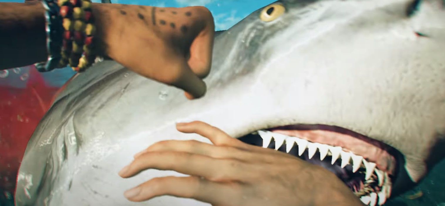 Far Cry 6's Dani Rojas' fights with a reef shark that is attacking them.