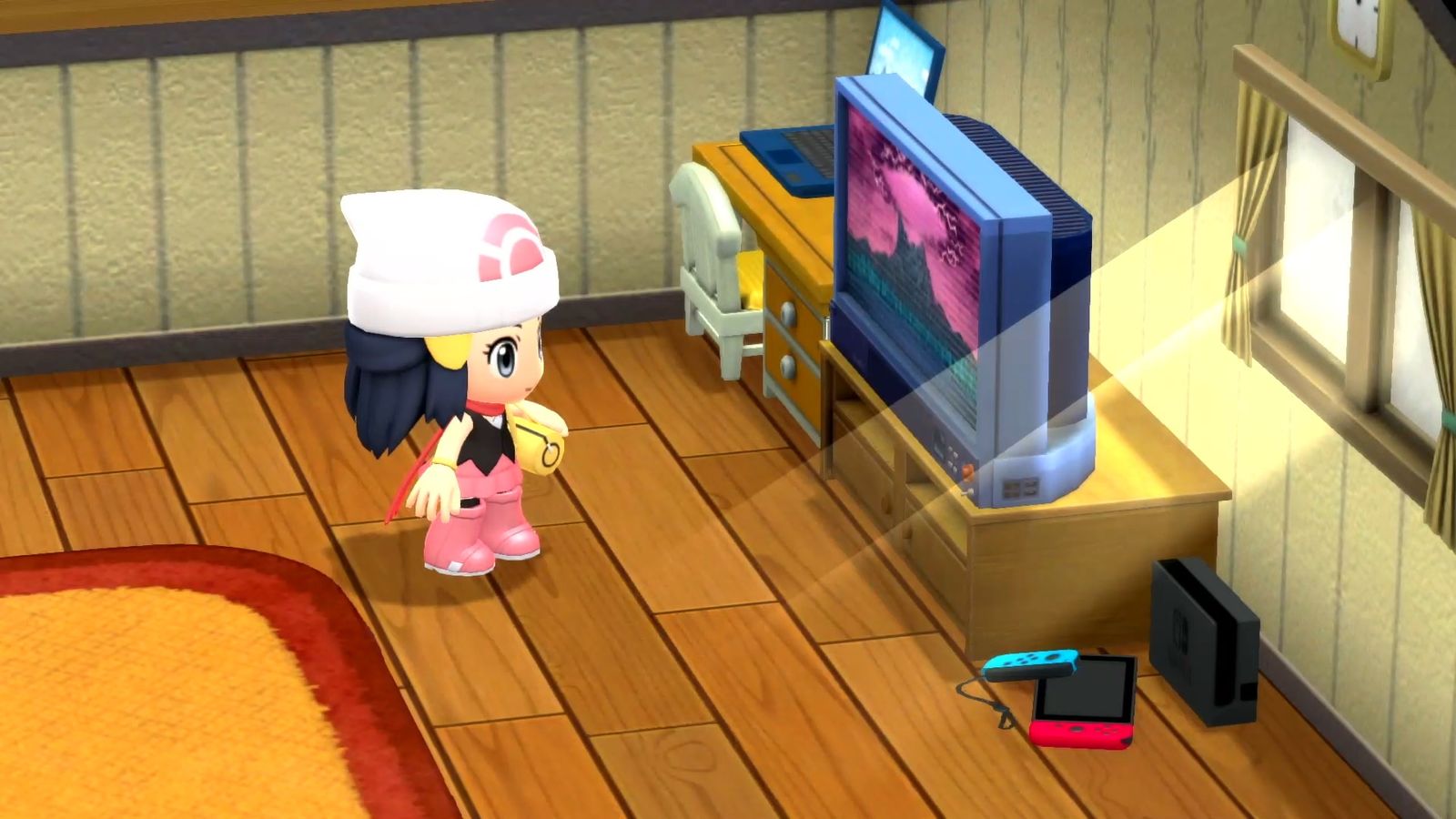 Gameplay from Pokémon Brilliant Diamond and Shining Pearl, showing the female protagonist in a chibi style watching the television.