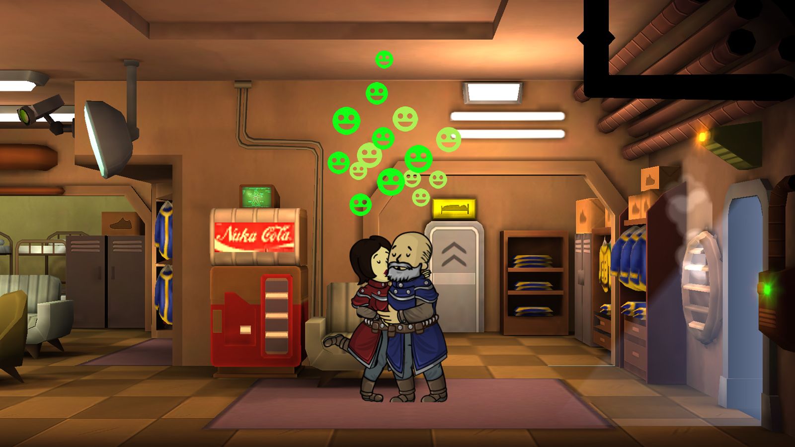 Image of two vault inhabitants hugging in Fallout Shelter.