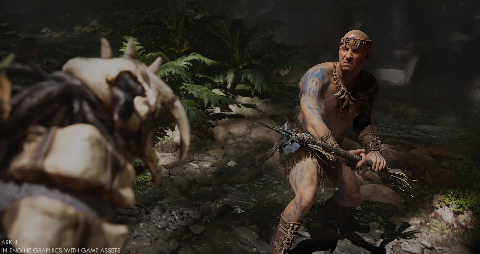 Image of Vin Diesel's character fighting a creature in ARK 2.