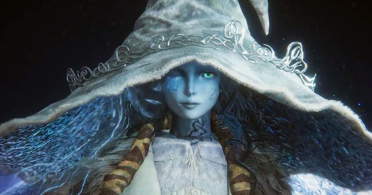 Elden Ring - blue woman in white clothes and a large white hat, with one blue eye.