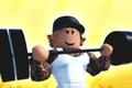 Image of a Roblox character lifting weights in Strongman Simulator.