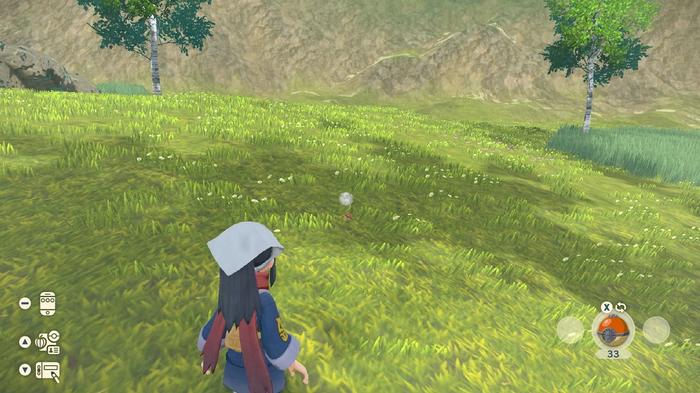 A Pokémon Trainer in tall grass approaching a Pokémon battle in Legends: Arceus.