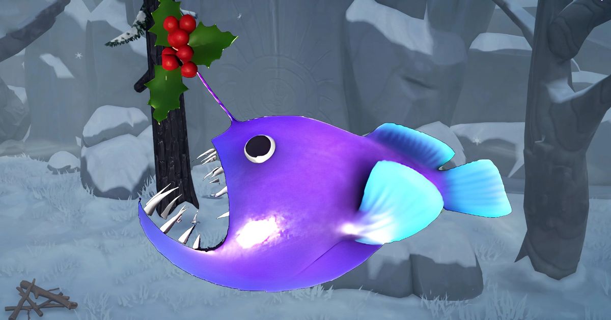 Disney Dreamlight Valley - purple 'festive' anglerfish with a snowy forest background