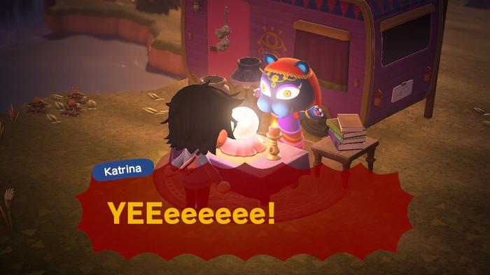 A player having their fortune told by Katrina on Harv's Island in Animal Crossing: New Horizons.