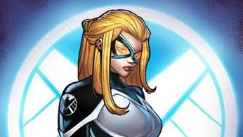 Mockingbird in front of a SHIELD logo in Marvel Snap card