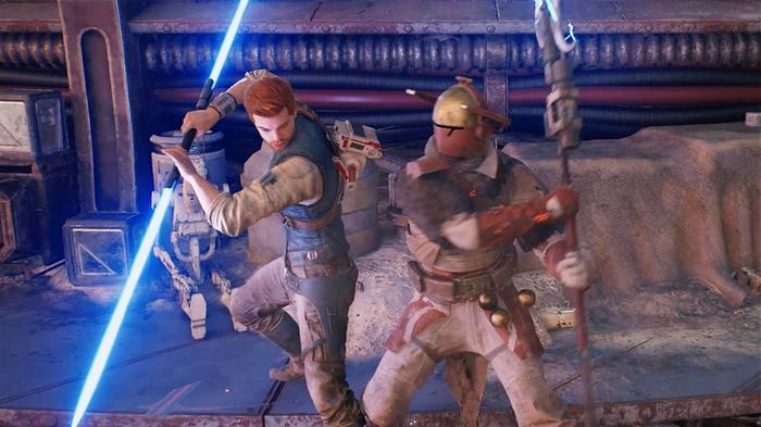 A screenshot of Cal's combat from Star Wars Jedi Survivor.