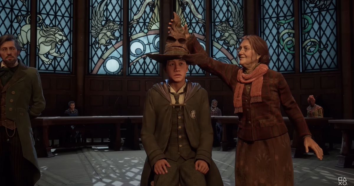A young student from Hogwarts Legacy is getting sorted into his Hogwarts house wearing the Sorting Hat.