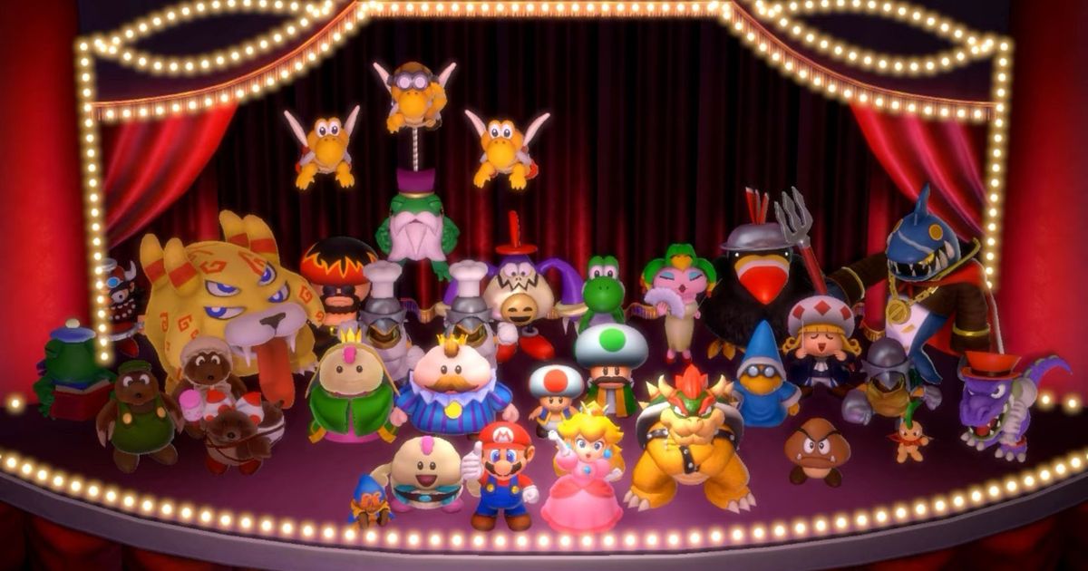 Mario RPG characters Mario, Bowser, Mallow, Geno, and more celebrating a victory