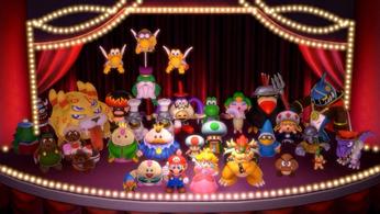Mario RPG characters Mario, Bowser, Mallow, Geno, and more celebrating a victory