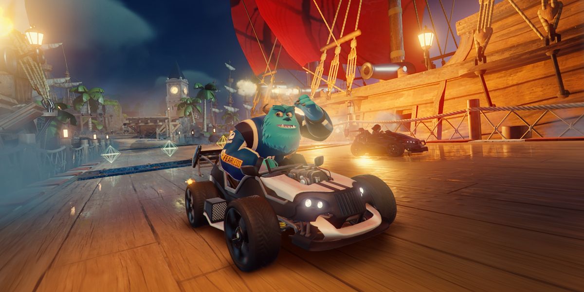 Sulley racing in a kart in Disney Speedstorm