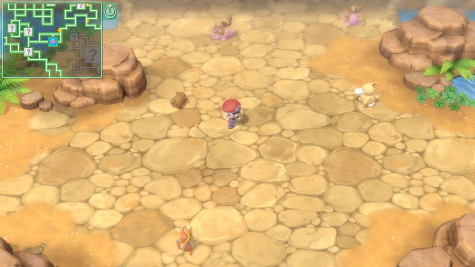A Pokémon Trainer in the Pokémon Hideaways of the Grand Underground in Pokémon Brilliant Diamond and Shining Pearl. Nearby Pokémon that can be seen are Bidoof, Gastrodon, Psyduck, and Buizel.