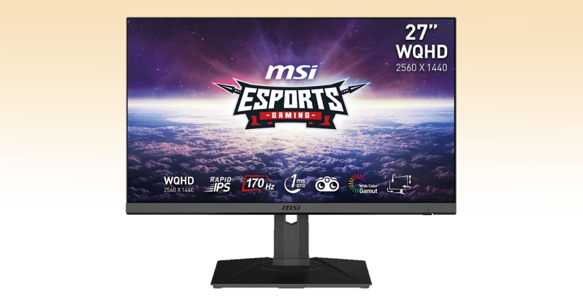 A black gaming monitor with MSI Esports branding on the display in front of a sunrise over a planet.