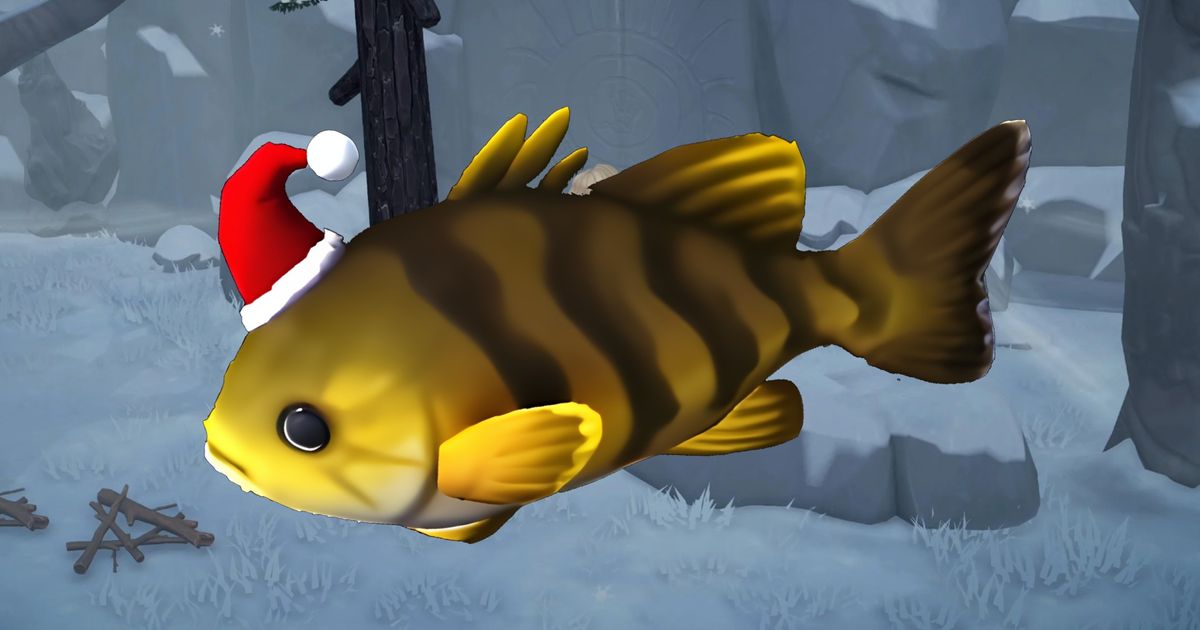 Disney Dreamlight Valley - yellow bass with a santa hat in front of a snowy background