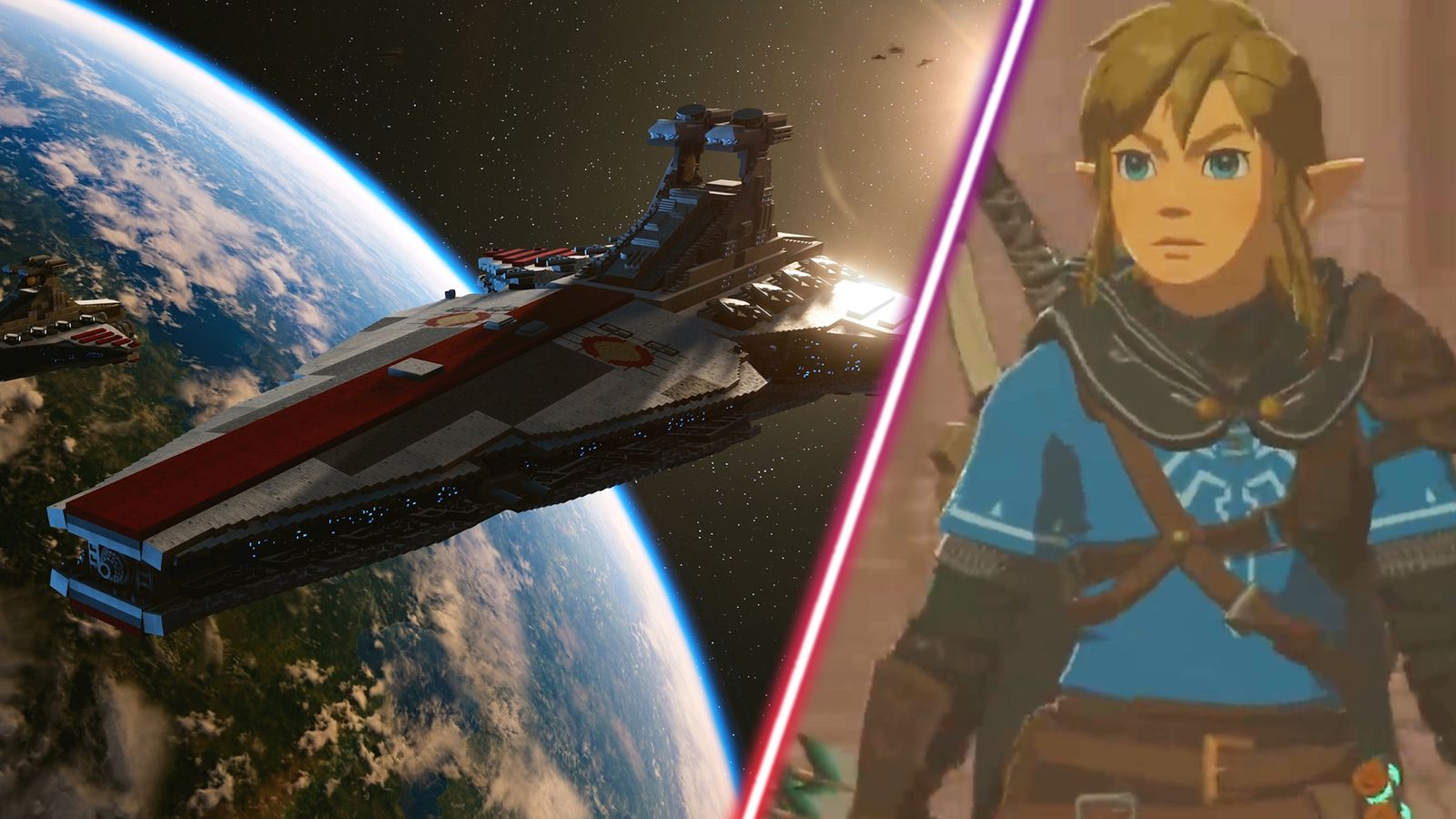 Link in The Legend of Zelda: Tears of the Kingdom alongside a Star Destroyer from Star Wars.