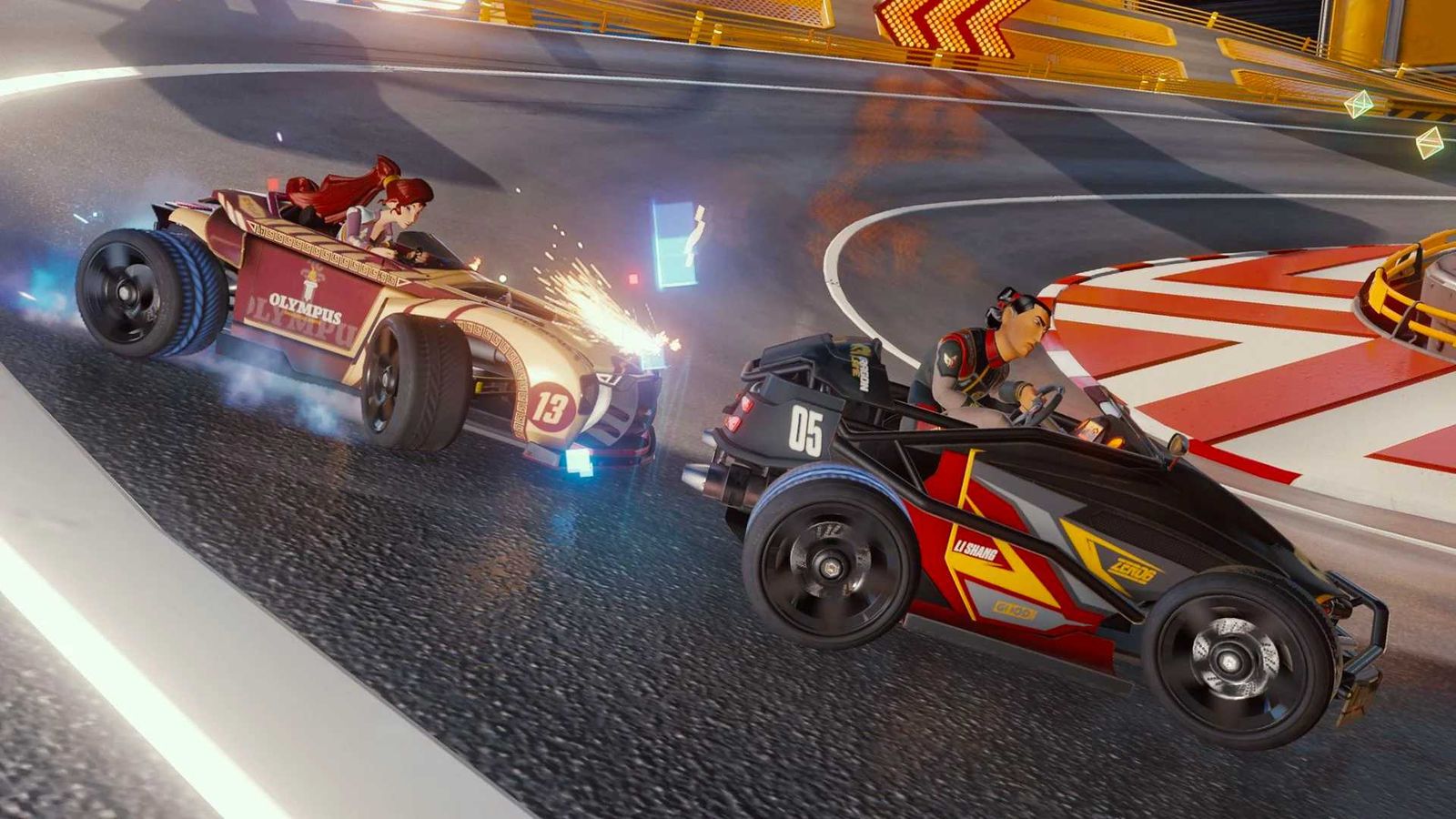 Two characters drifting around a corner in Disney Speedstorm.