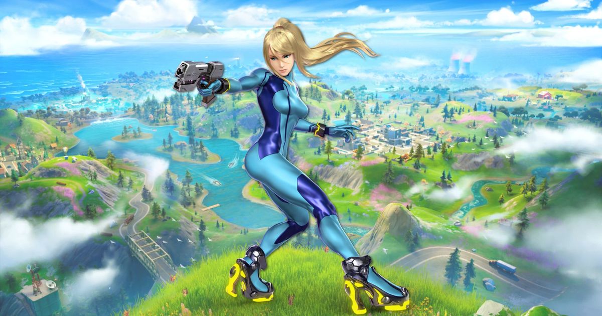 Zero Suit Samus with a Fortnite background