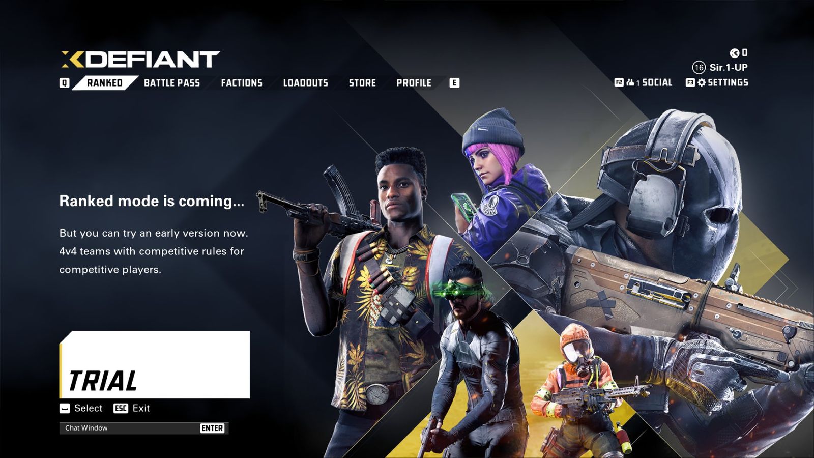The Ranked Trial Run page in the main menu of XDefiant, with various characters posing in the background and a brief description of Ranked Play.