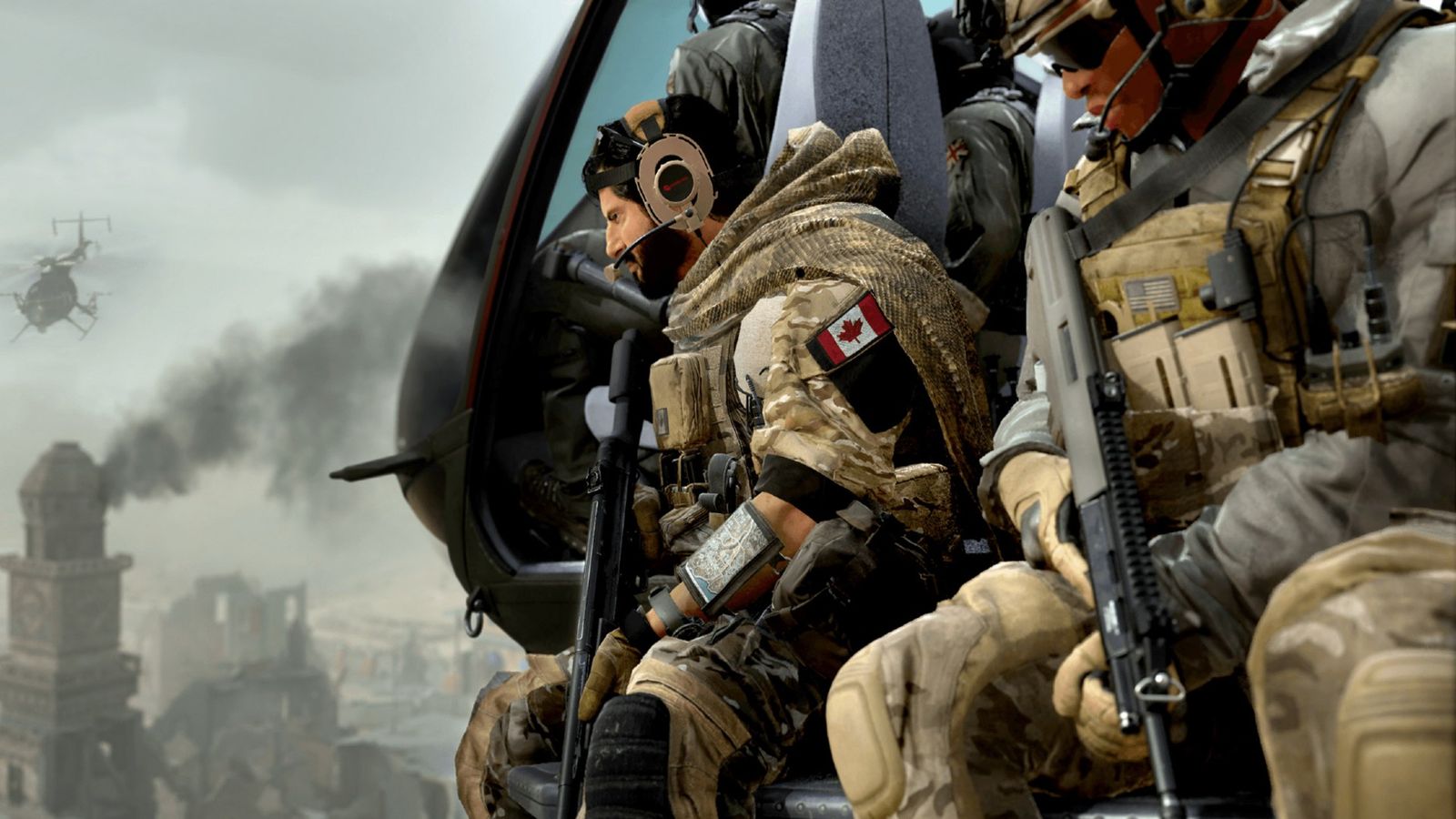 Screenshot of Modern Warfare 2 and Warzone 2 players sitting on the side of a helicopter flying through grey skies