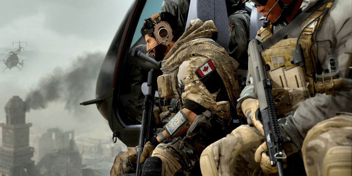 Screenshot of Modern Warfare 2 and Warzone 2 players sitting on the side of a helicopter flying through grey skies