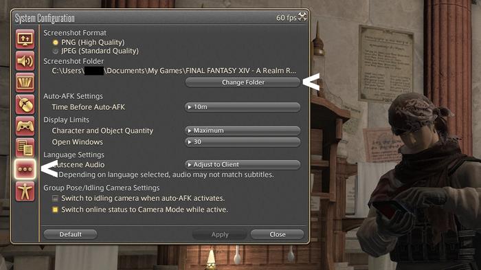 An image of a rogue from Final Fantasy XIV swiping through his tomestone as he configures his screenshot folder settings, with arrows pointed to the "Other" tab and the "Change Folder" button.