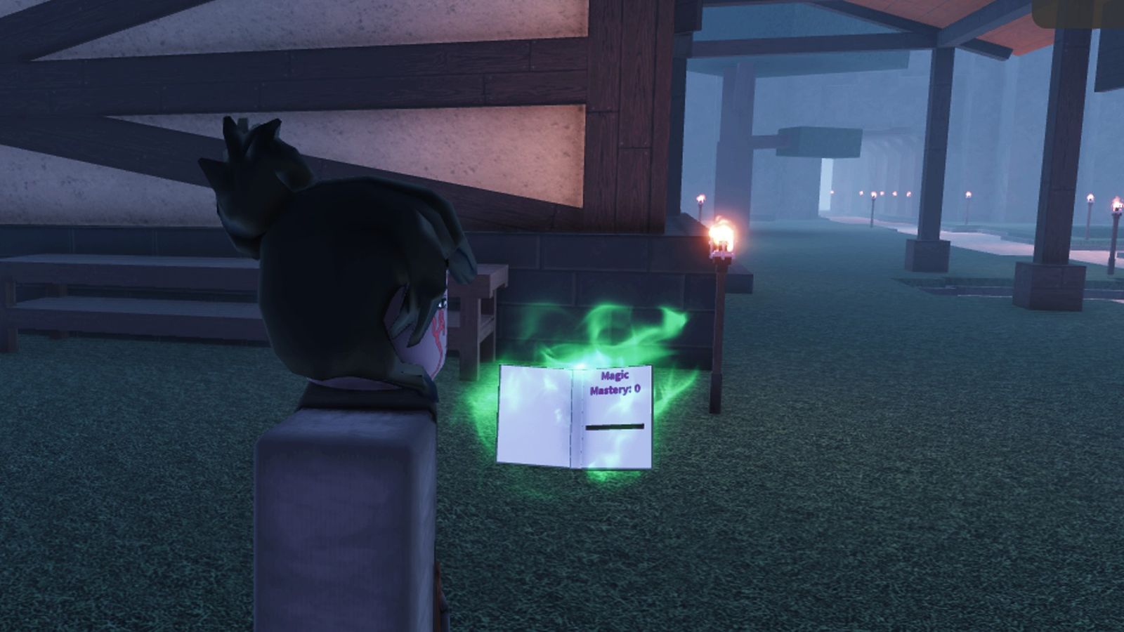 Roblox woman opens grimoire book that reads "Magic Mastery: 0"