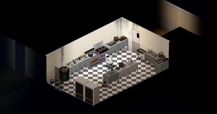 A player is crouched down in the kitchen in Project Zomboid. They are surrounded by food.