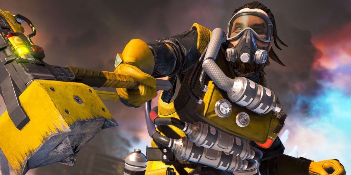 Apex Legends Season 6 Caustic. Caustic is in his classic yellow outfit while holding his heirloom hammer toward the left side of the image. 