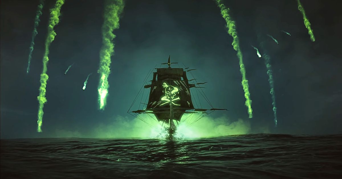A pirate ship in the distance sailing away from an explosion with a bright green glow