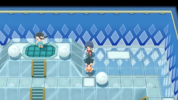 A Pokémon Trainer facing a Trainer next to Candice, leader of Snowpoint City Gym, in Pokémon Brilliant Diamond and Shining Pearl.