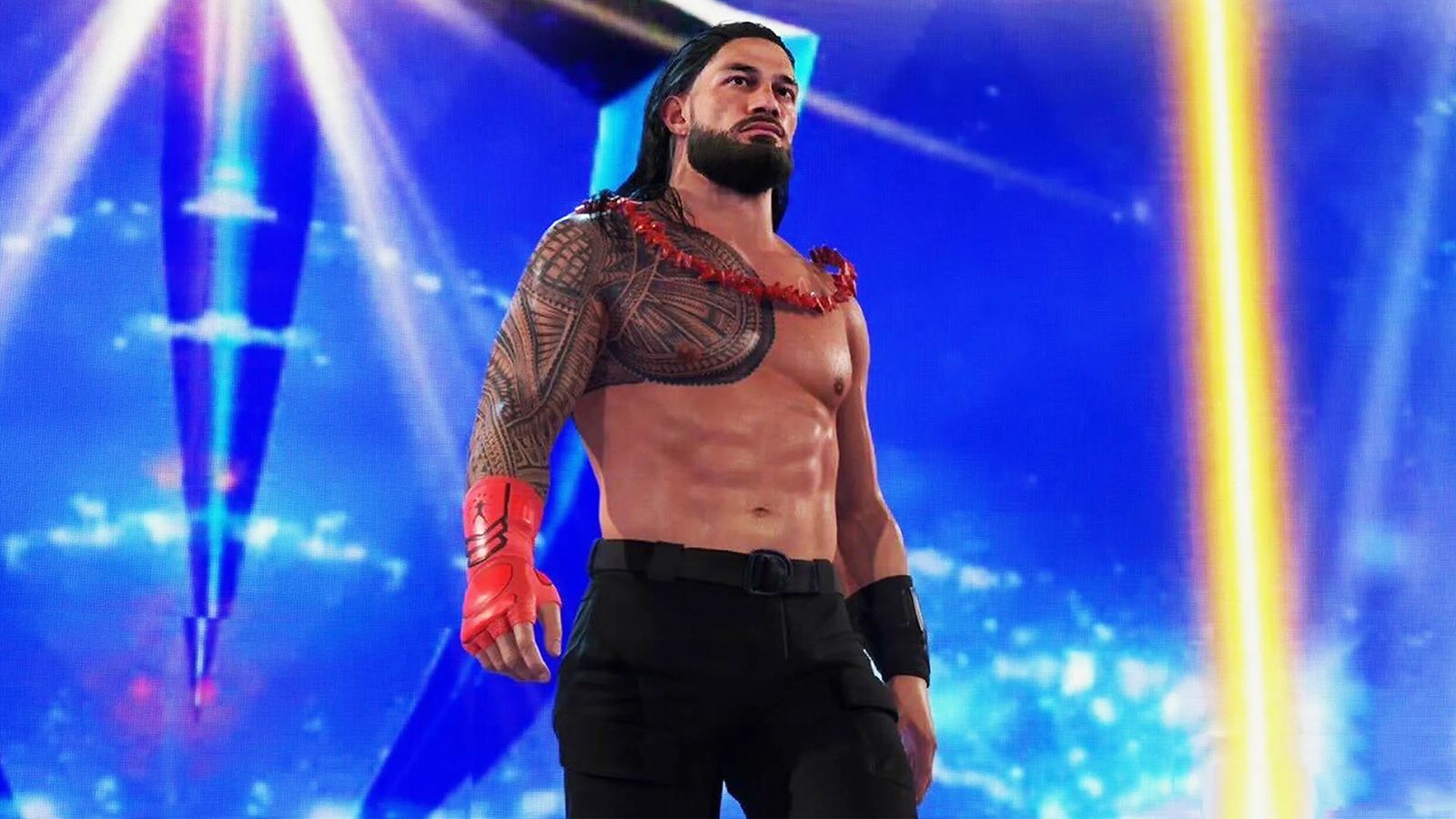 WWE 2K Roman Reigns wearing red tribal necklace on blue background