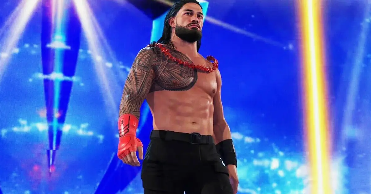 WWE 2K Roman Reigns wearing red tribal necklace on blue background