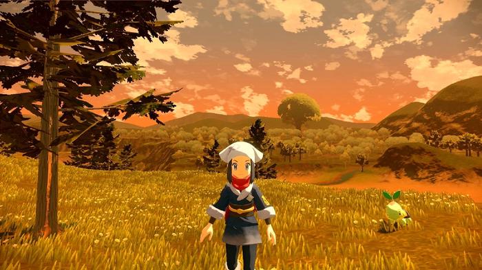A player and a Turtwig experience sunny weather in Pokémon Legends: Arceus.